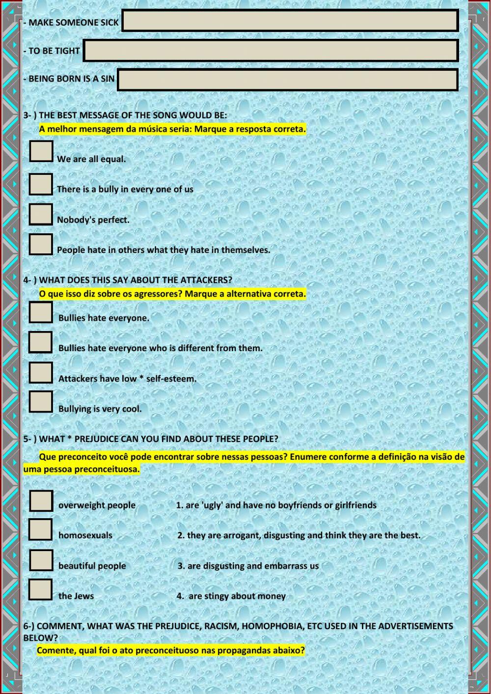 3º ANOS - 4ª ACTIVITY  28-09 à 12-10-2020 – Stereotypes’ causes and effects in student’s life - express ideas and opinions about Stereotypes - use a visual organizer to sum up the main points of stereotype, prejudice and discrimination