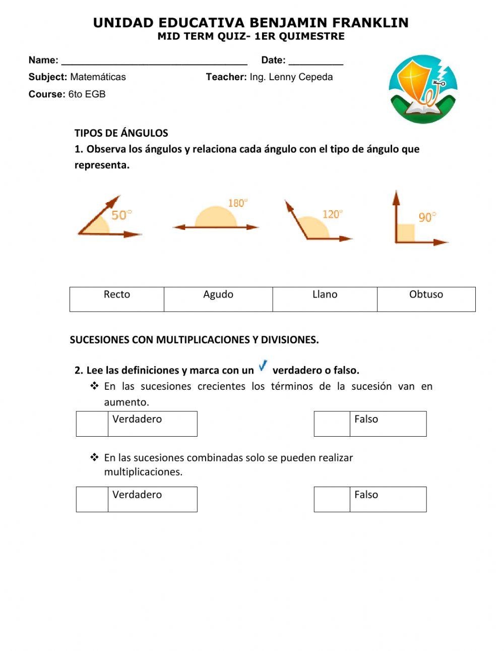 MID TERM QUIZ 6TO MATEMÁTICA PARTE 4 online exercise for