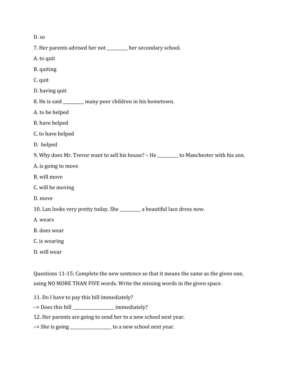 Lớp 10 - Kiểm tra 15 phút - Kỹ năng Viết + Ngữ pháp số 1 -