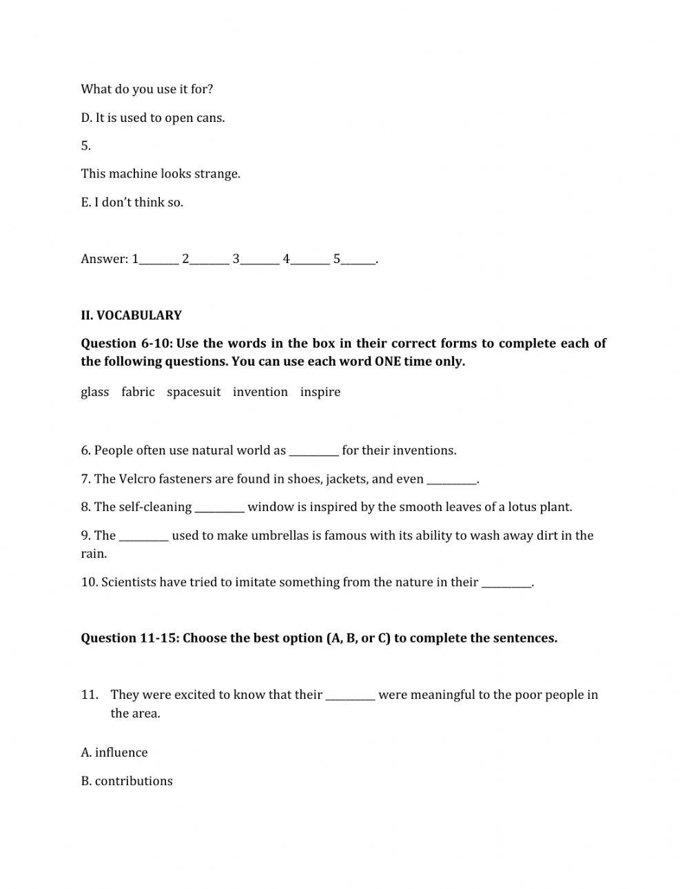 Lớp 10 - Kiểm tra 15 phút - Kỹ năng Nói + Từ vựng số 2