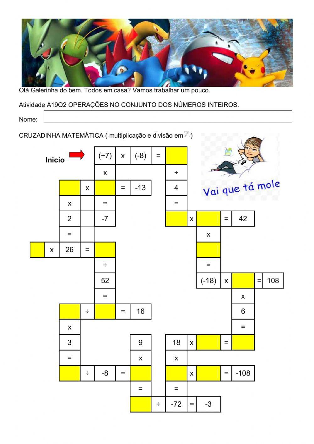 CRUZADINHA MATEMÁTICA ( multiplicação e divisão em Z )