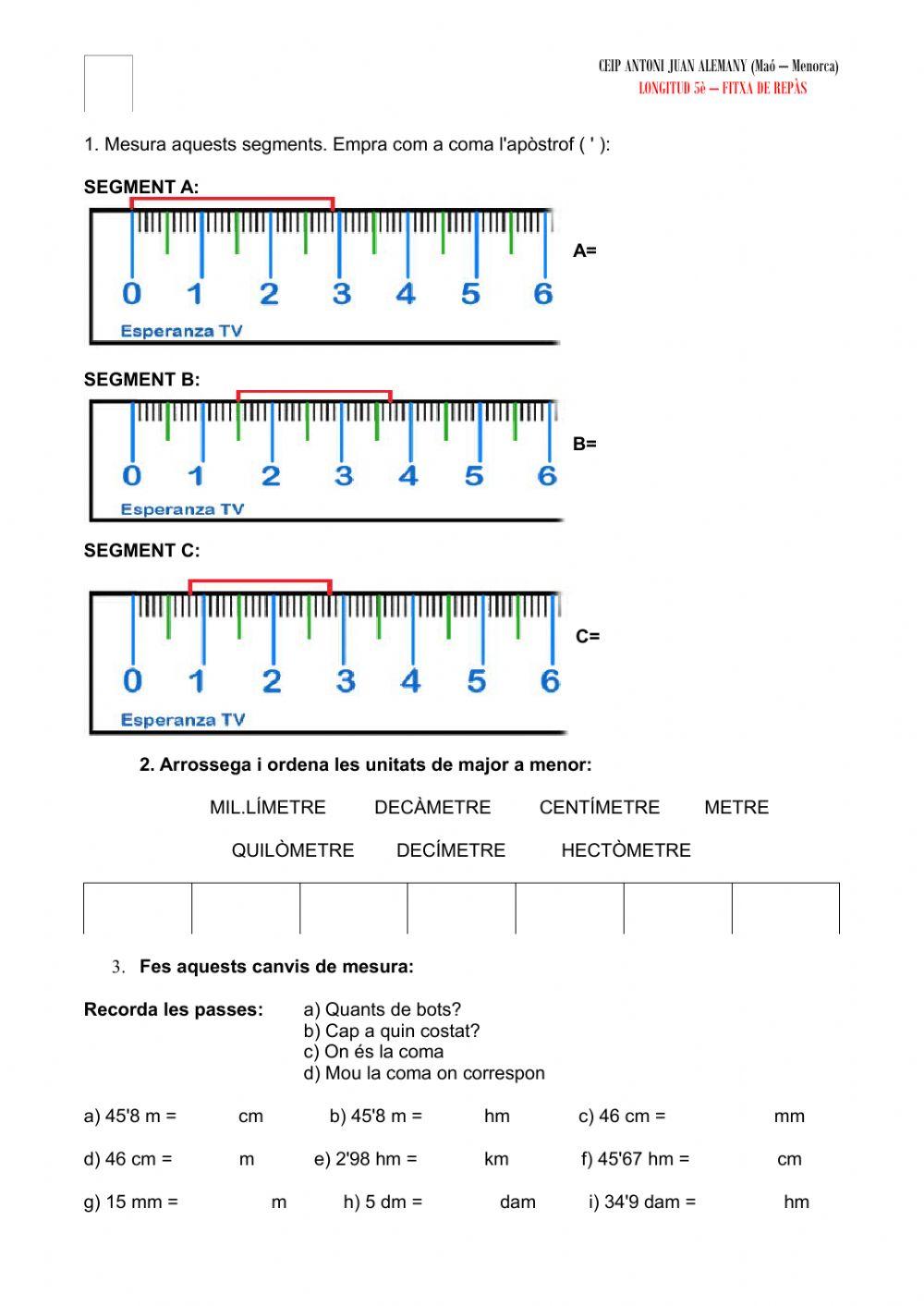 Mesures de longitud: fitxa de repàs