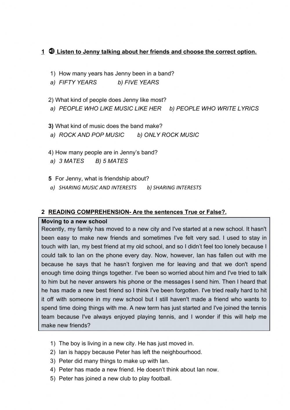 YEAR 3, CLASSWORK 2, LISTENING AND READING