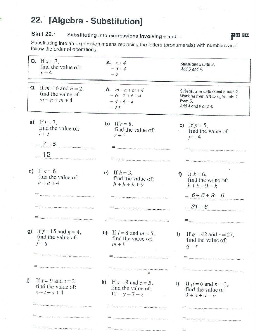 Substitution in Algebraic Expressions