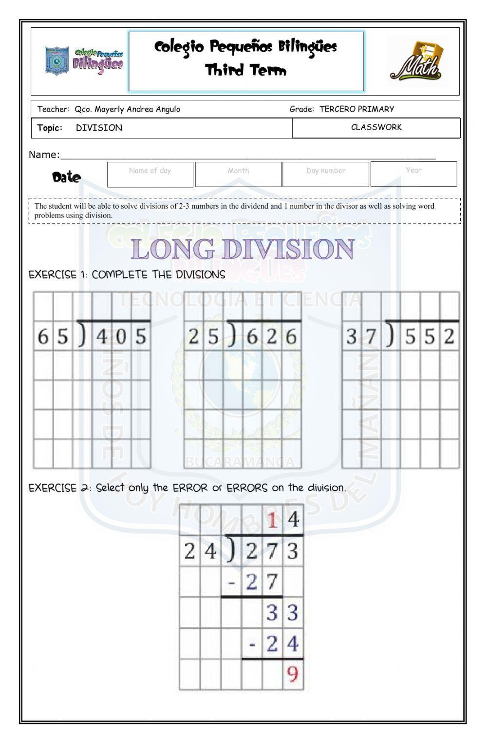 Classwork long division-third term-math-third grade