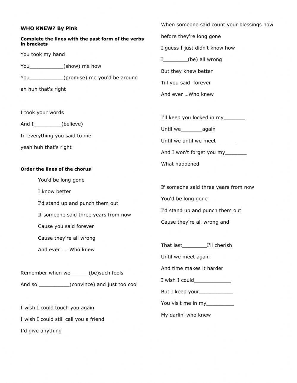 Song Worksheet - SImple Past - Regular Verbs