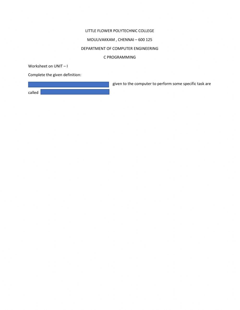 C programming | THANGARAJ | Live Worksheets