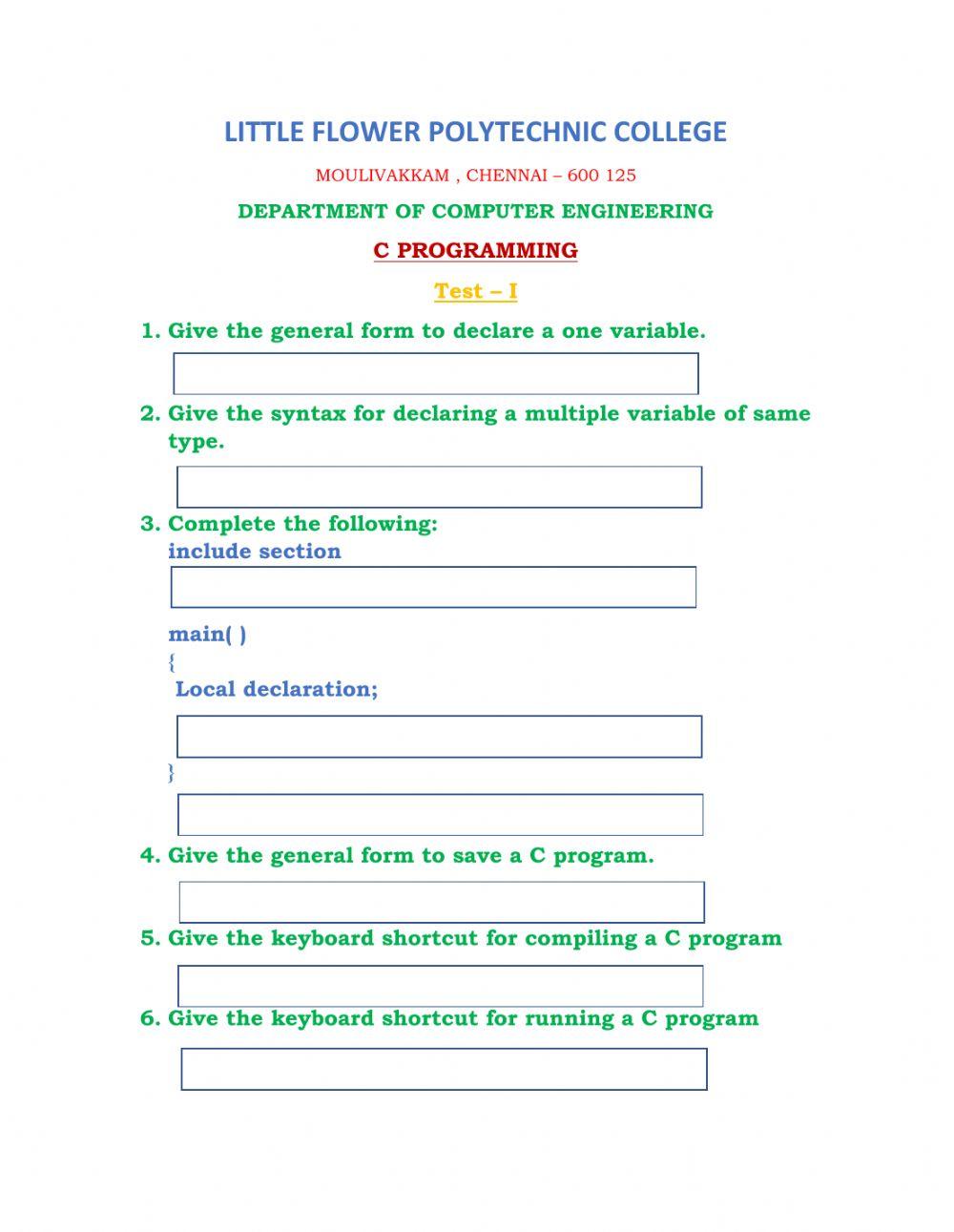 C programming interactive worksheet | Live Worksheets