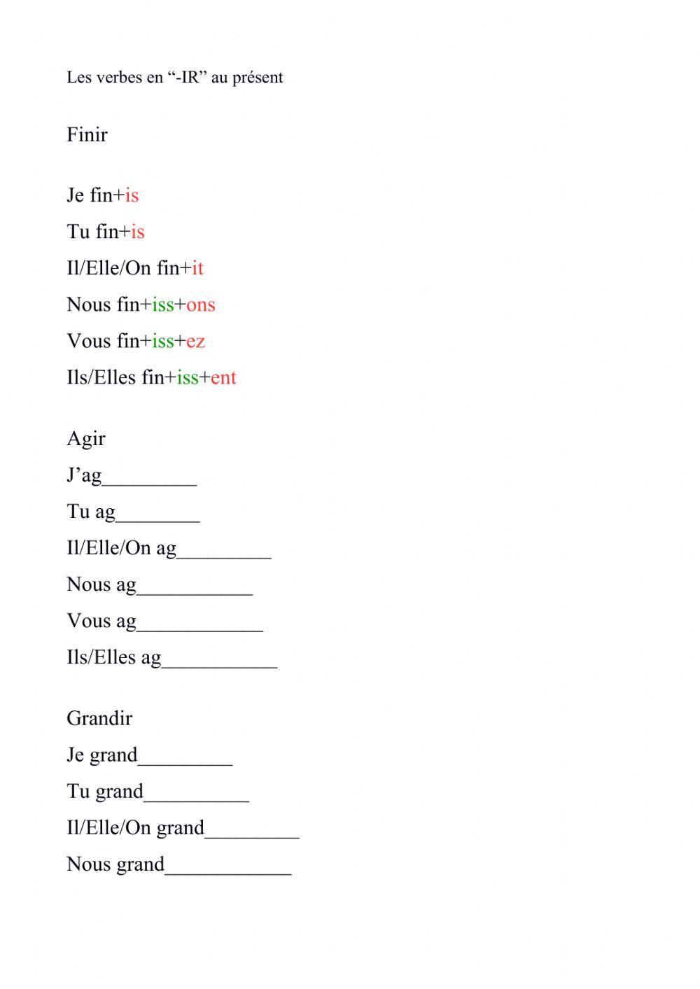Les verbes en -ir au present