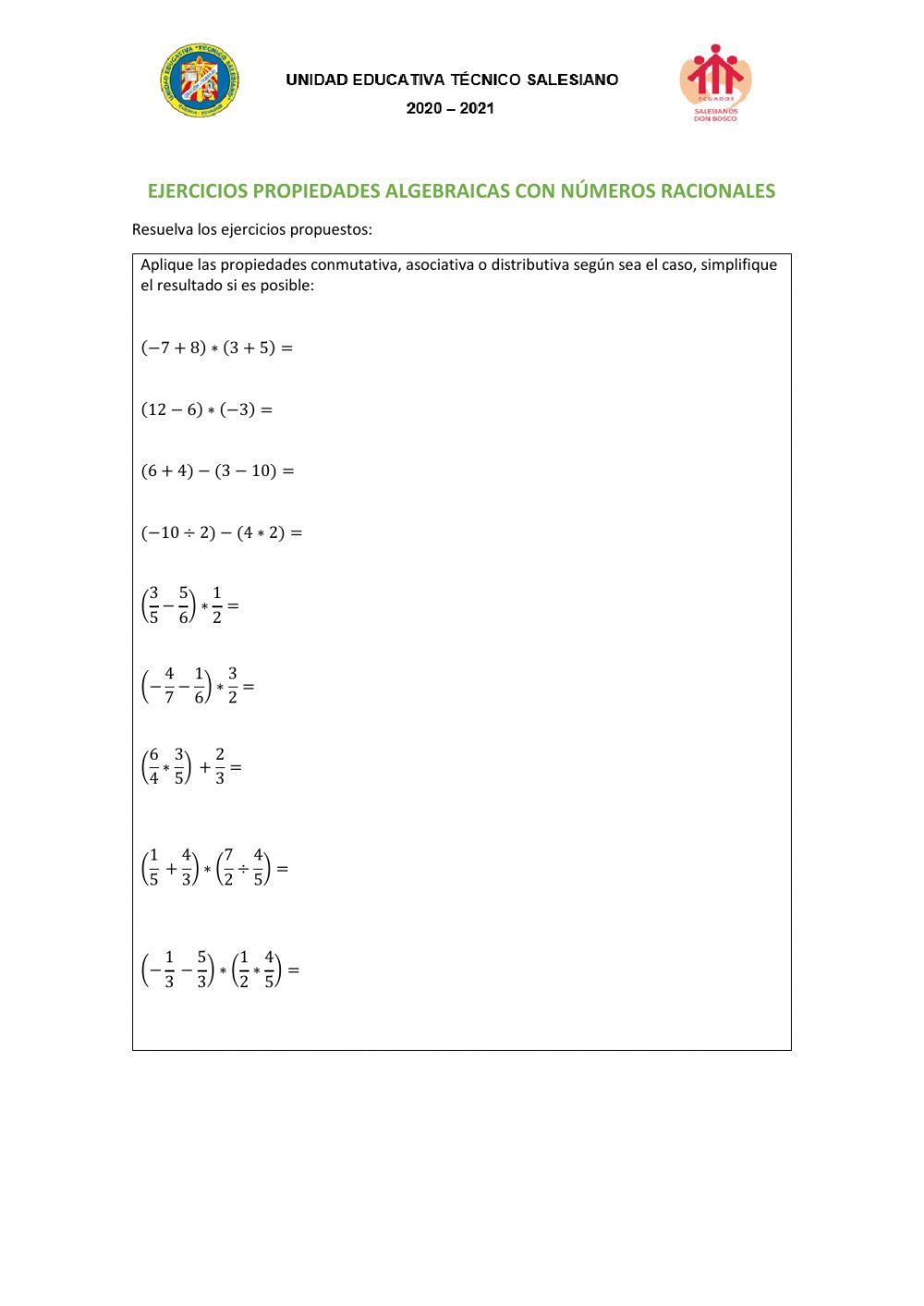 Propiedades algebraicas numeros racionales