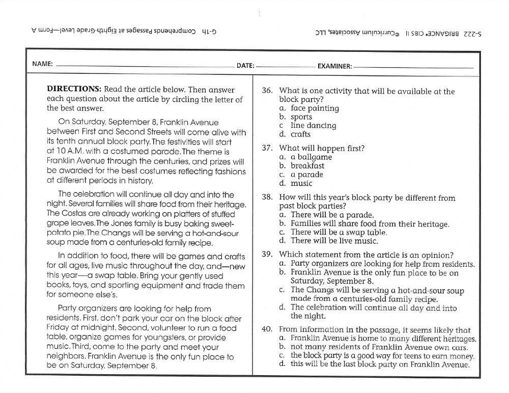 Brigance Reading Comprehension