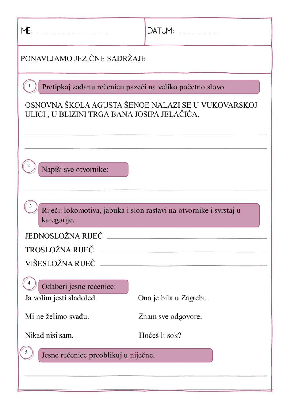 Ponavljanje jezičnih sadržaja 2. razred