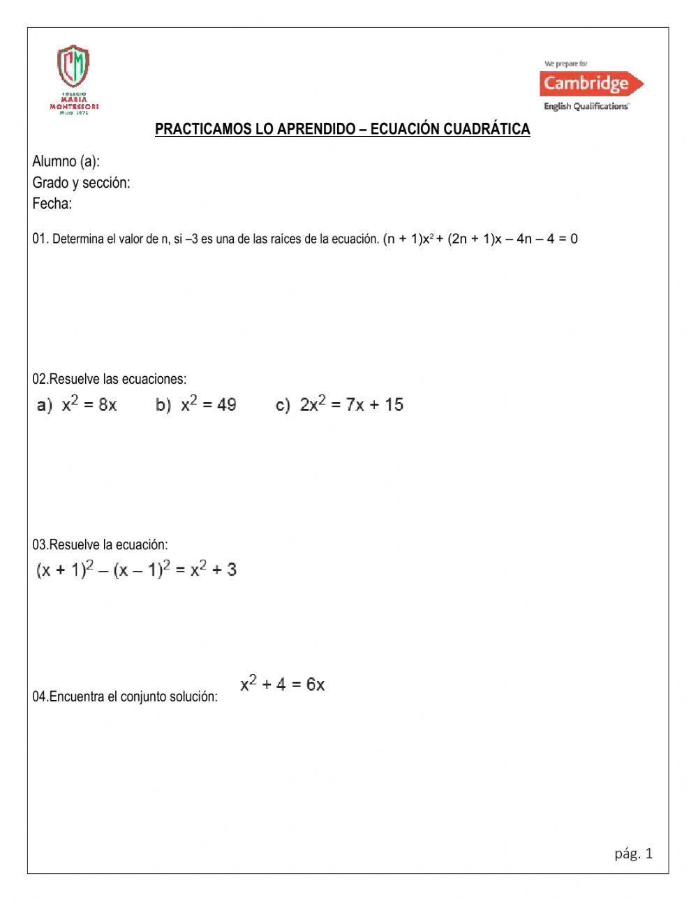Ecuaciones cuadráticas I
