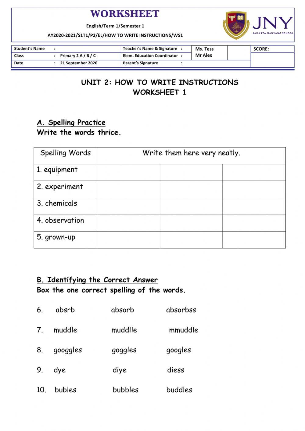 Unit 2Spelling Practice 1 worksheet Live Worksheets