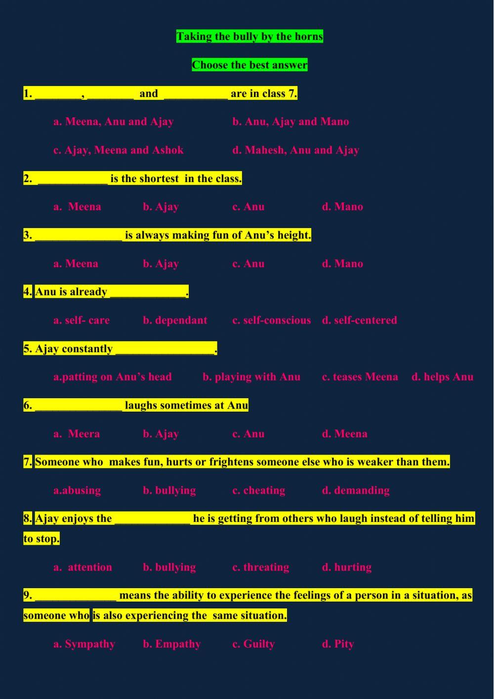 Taking the bully by the horns worksheet