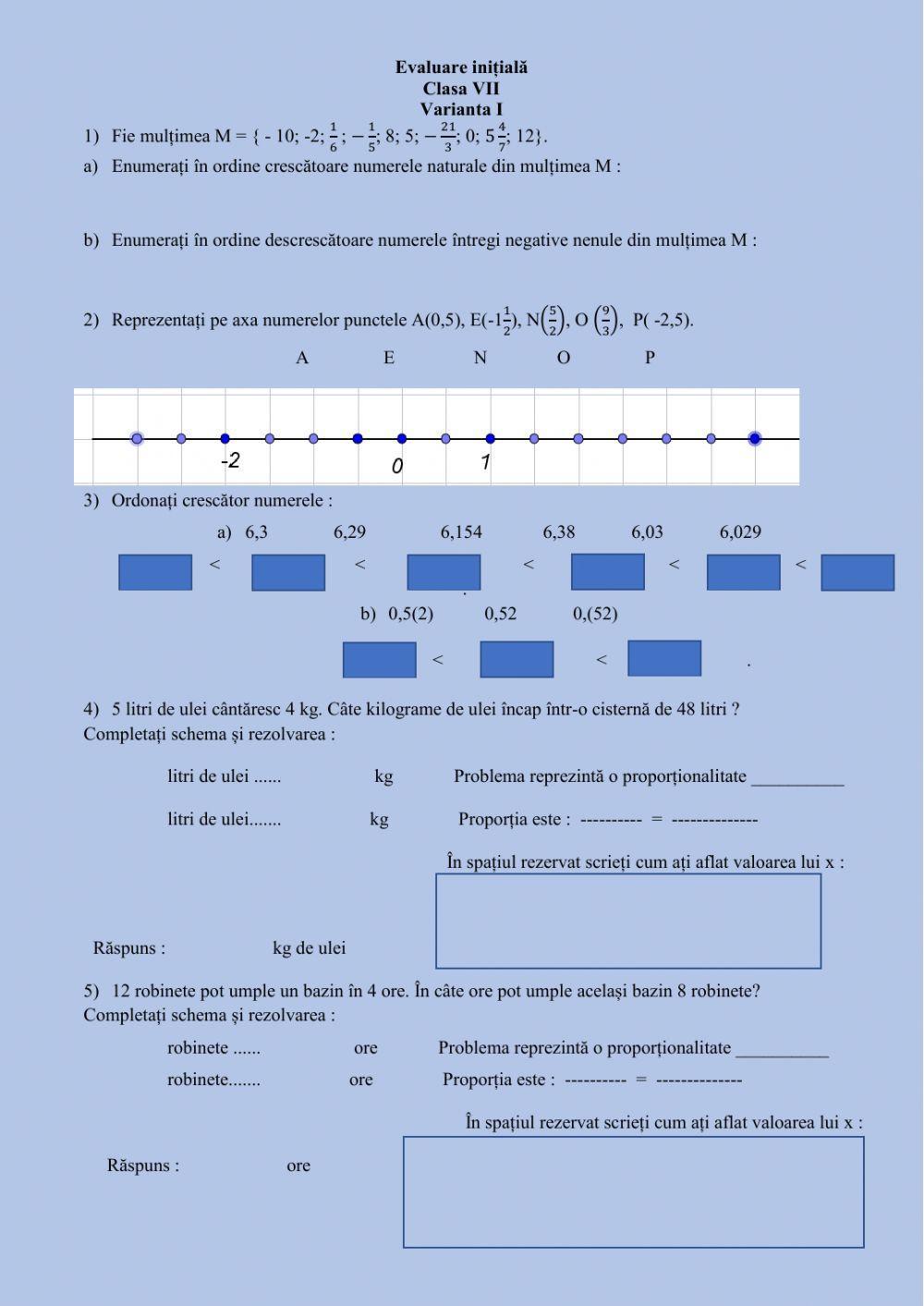 Evaluare inițială-clasaVII-Varianta I