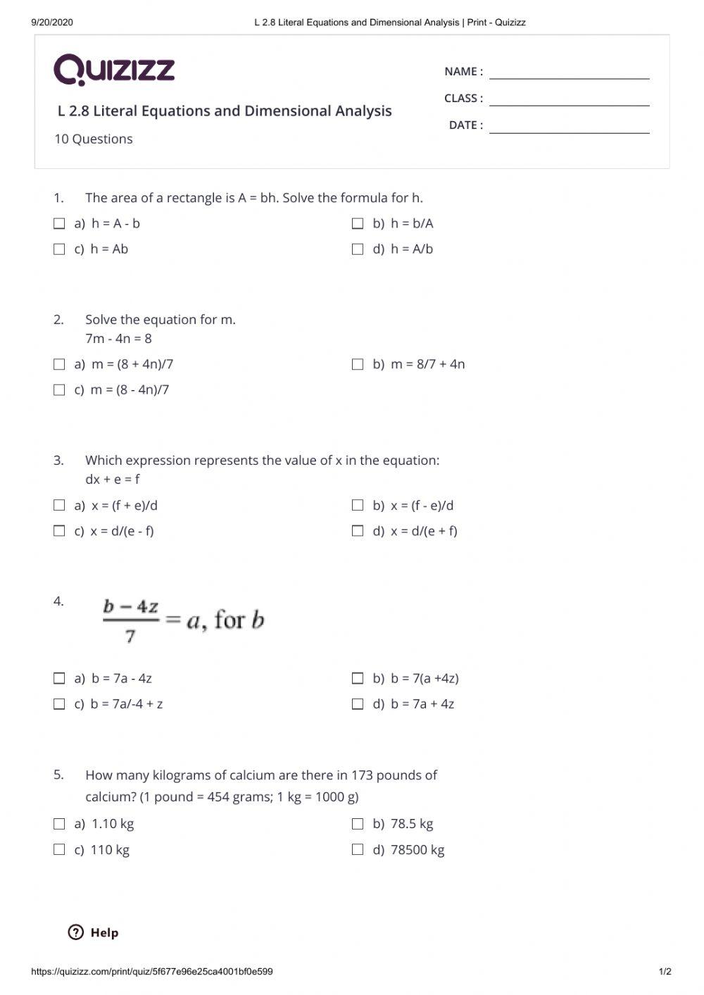 Literal equations and dimensional analysis