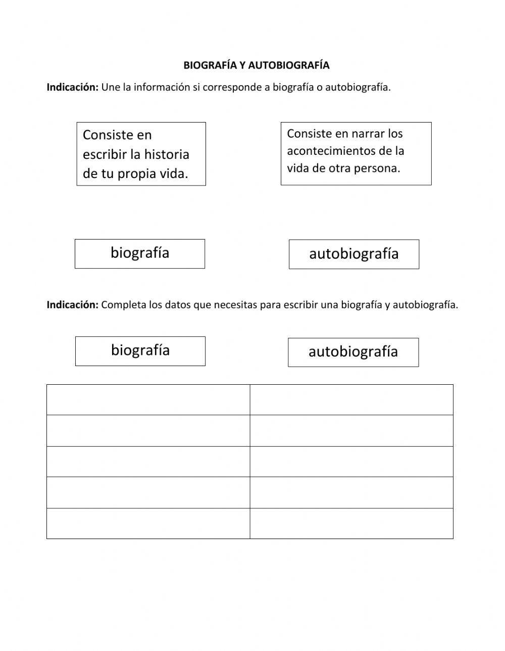 Biografía y Autobiografía interactive worksheet Live Worksheets