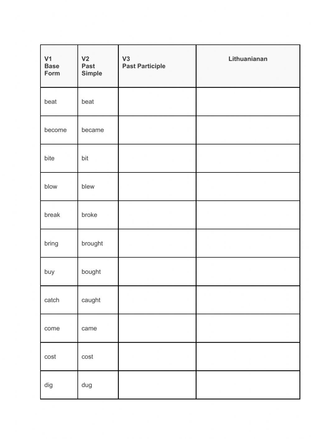 Irregular verbs