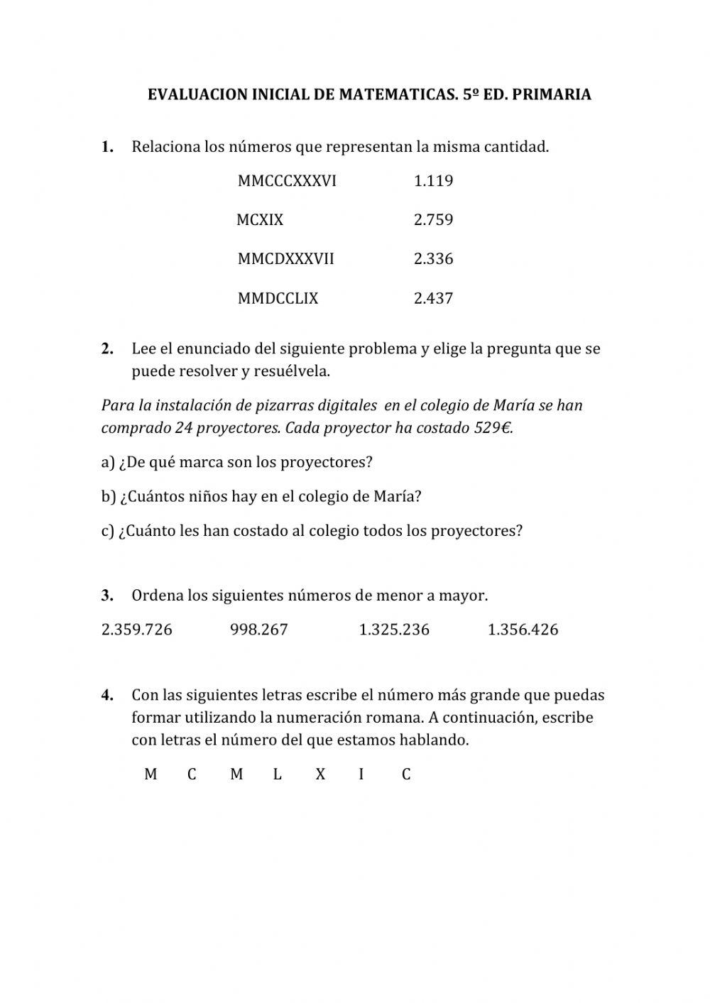Evaluacion inicial matematicas 5º