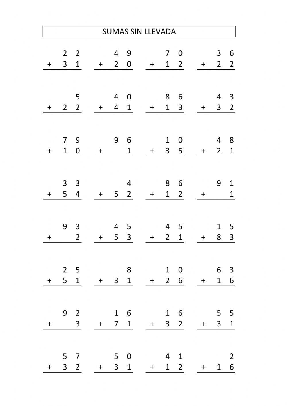 69 páginas de sumas sin llevada para imprimir