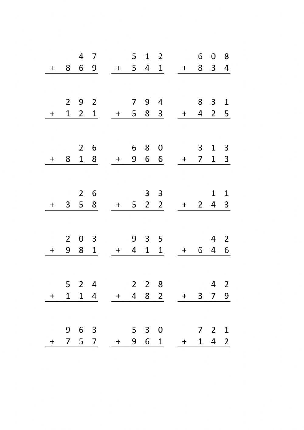 260 páginas de sumas con llevada de 3 dígitos para imprimir
