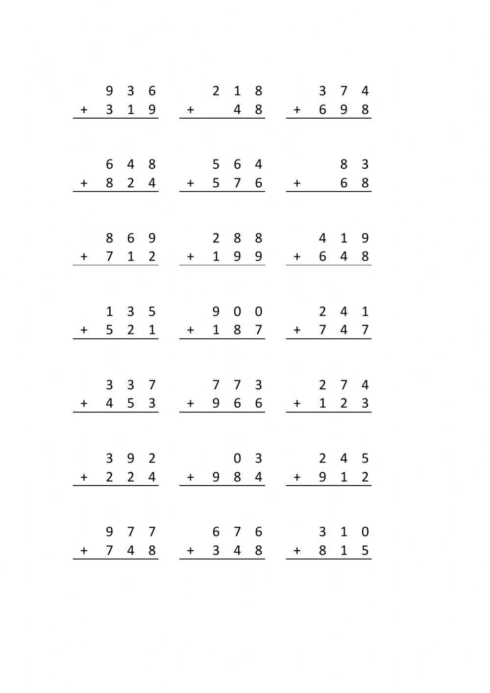 260 páginas de sumas con llevada de 3 dígitos para imprimir
