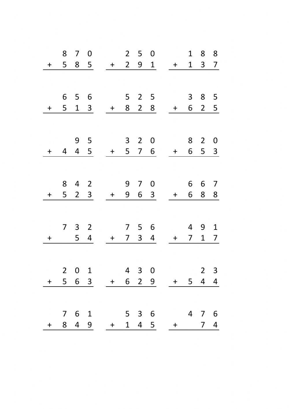 260 páginas de sumas con llevada de 3 dígitos para imprimir