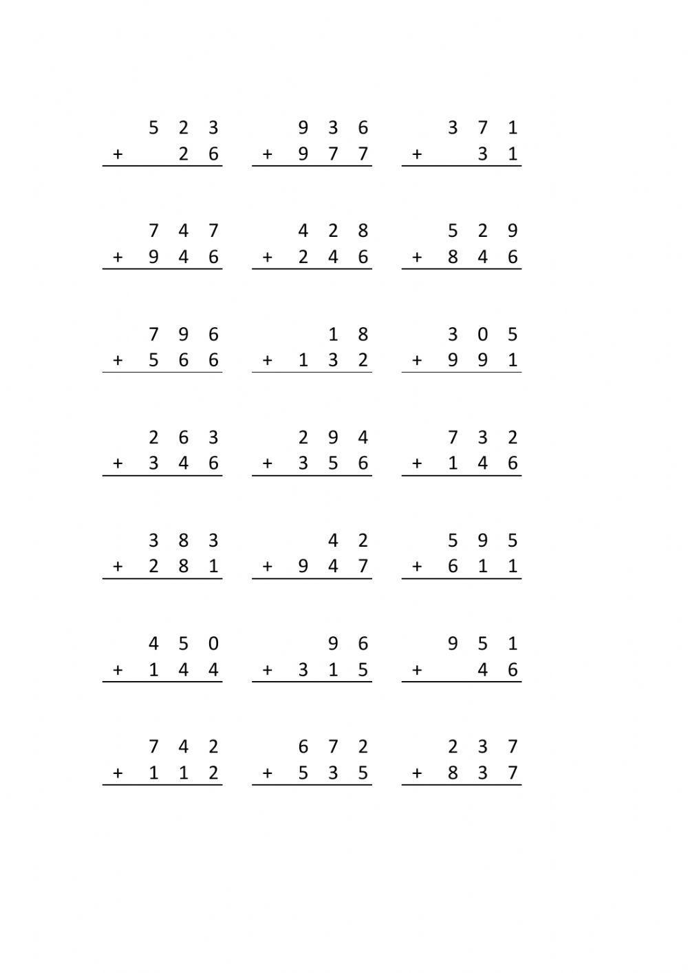 260 páginas de sumas con llevada de 3 dígitos para imprimir
