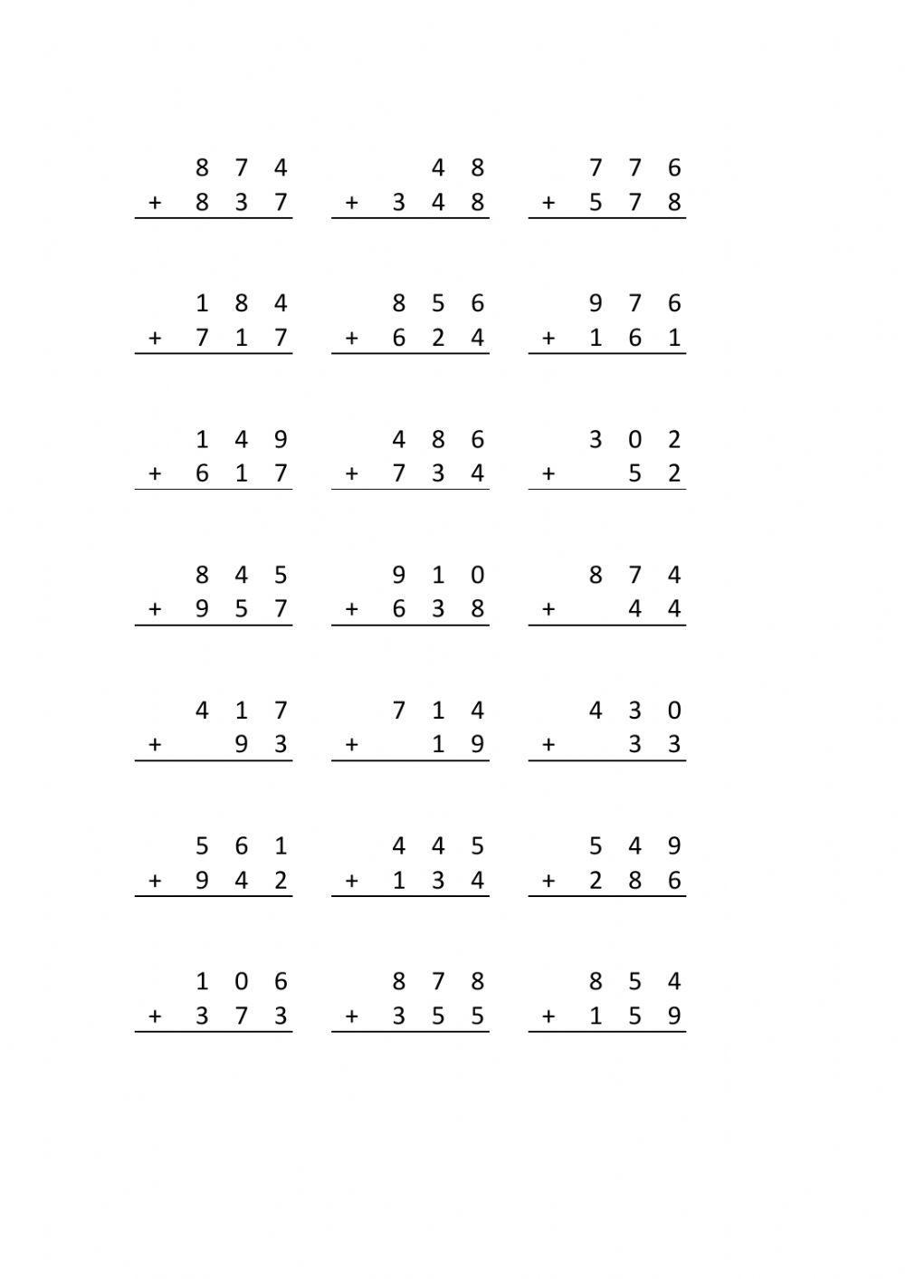 260 páginas de sumas con llevada de 3 dígitos para imprimir
