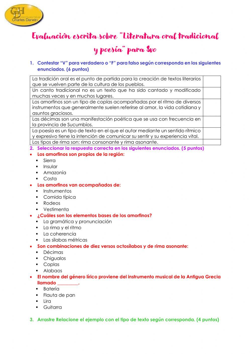 Evaluación escrita sobre “Literatura oral tradicional y poesía” para 8vo