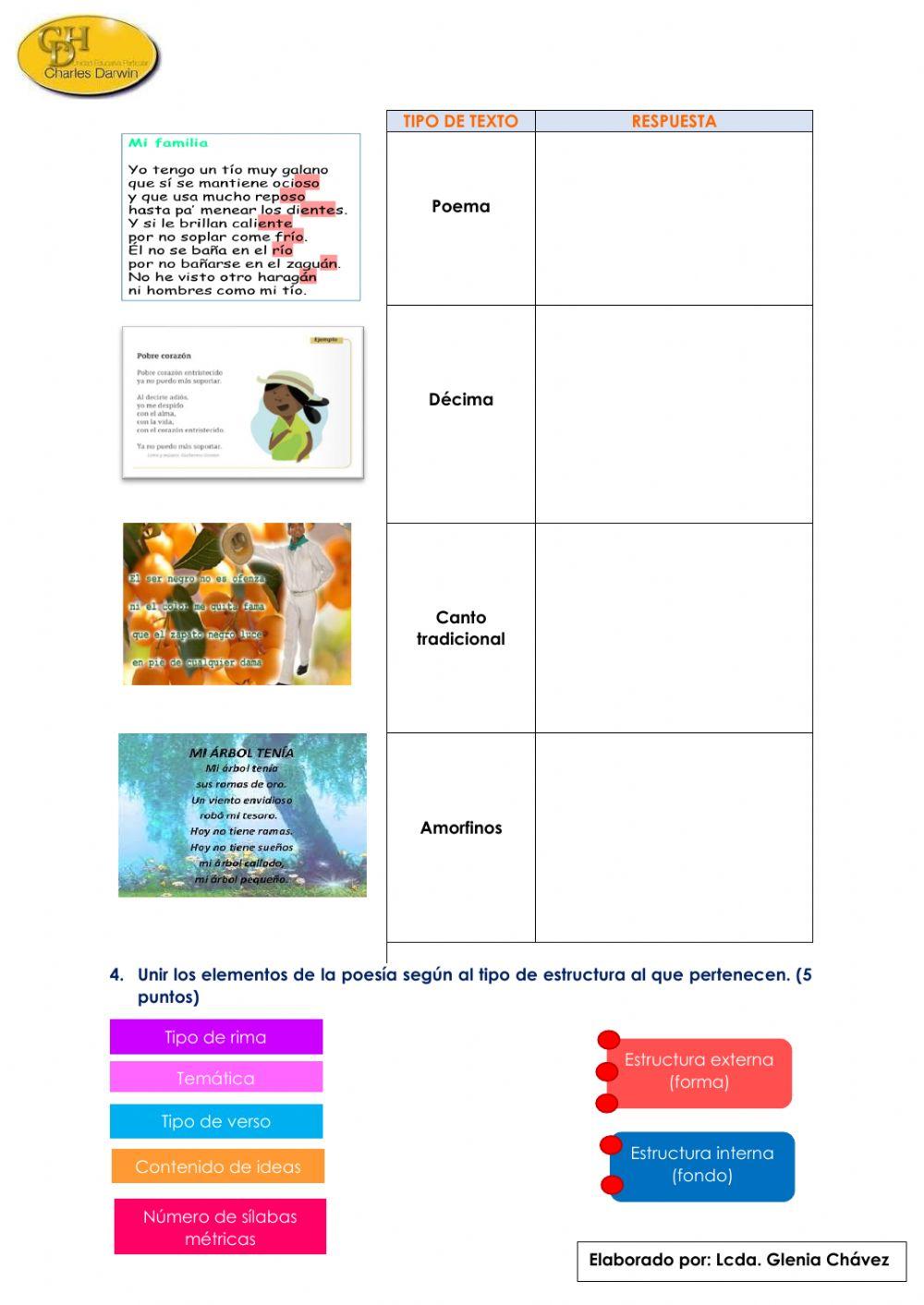 Evaluación escrita sobre “Literatura oral tradicional y poesía” para 8vo