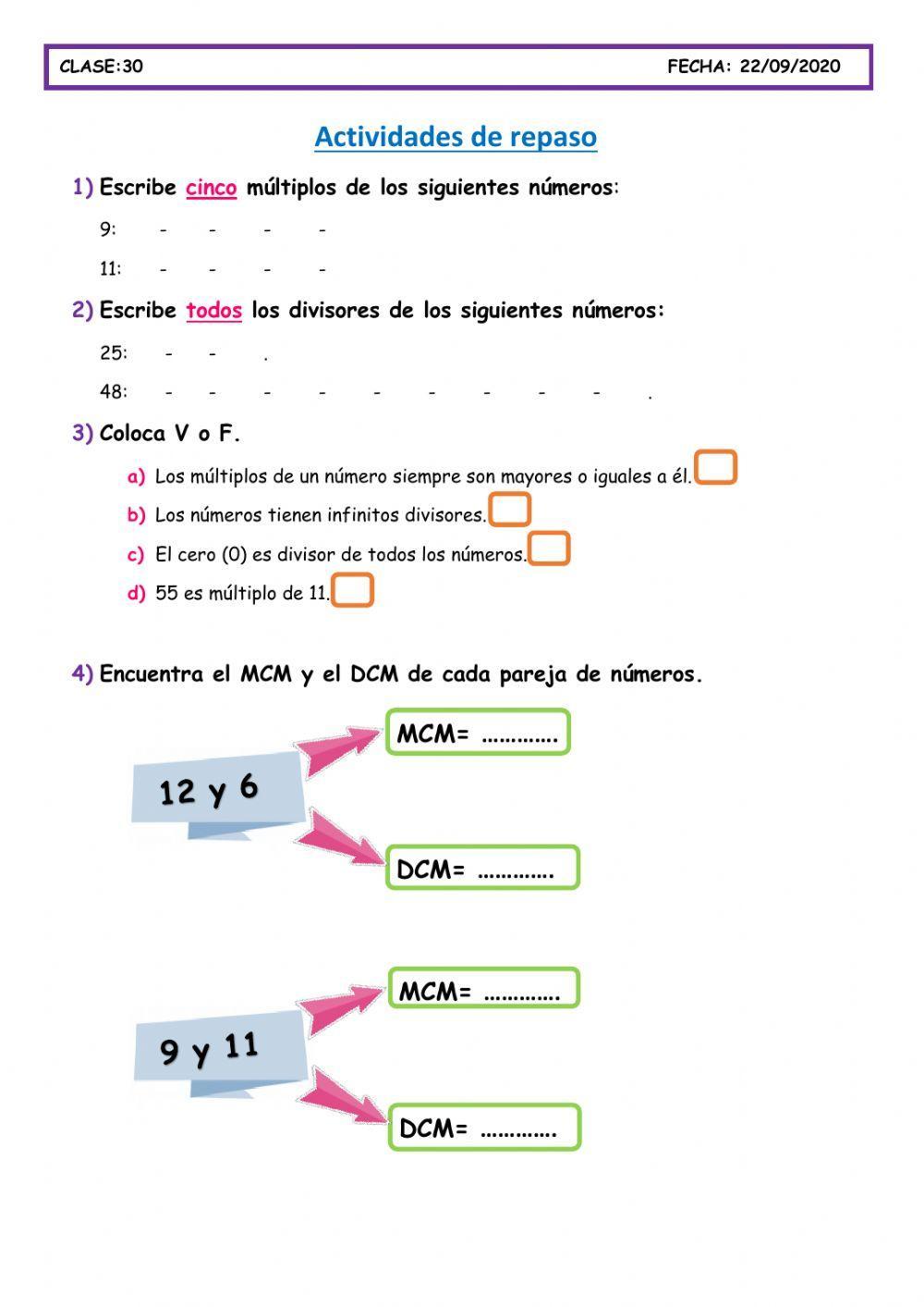 Actividades de Repaso(múltiplos y divisores)