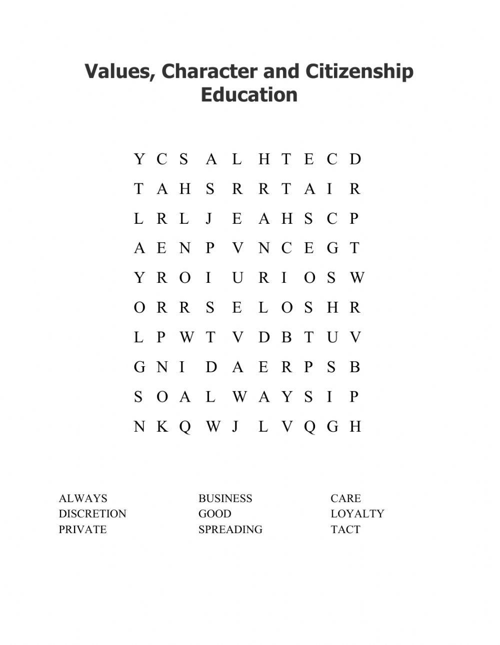 Values, Character and Citizenship Education Word Search