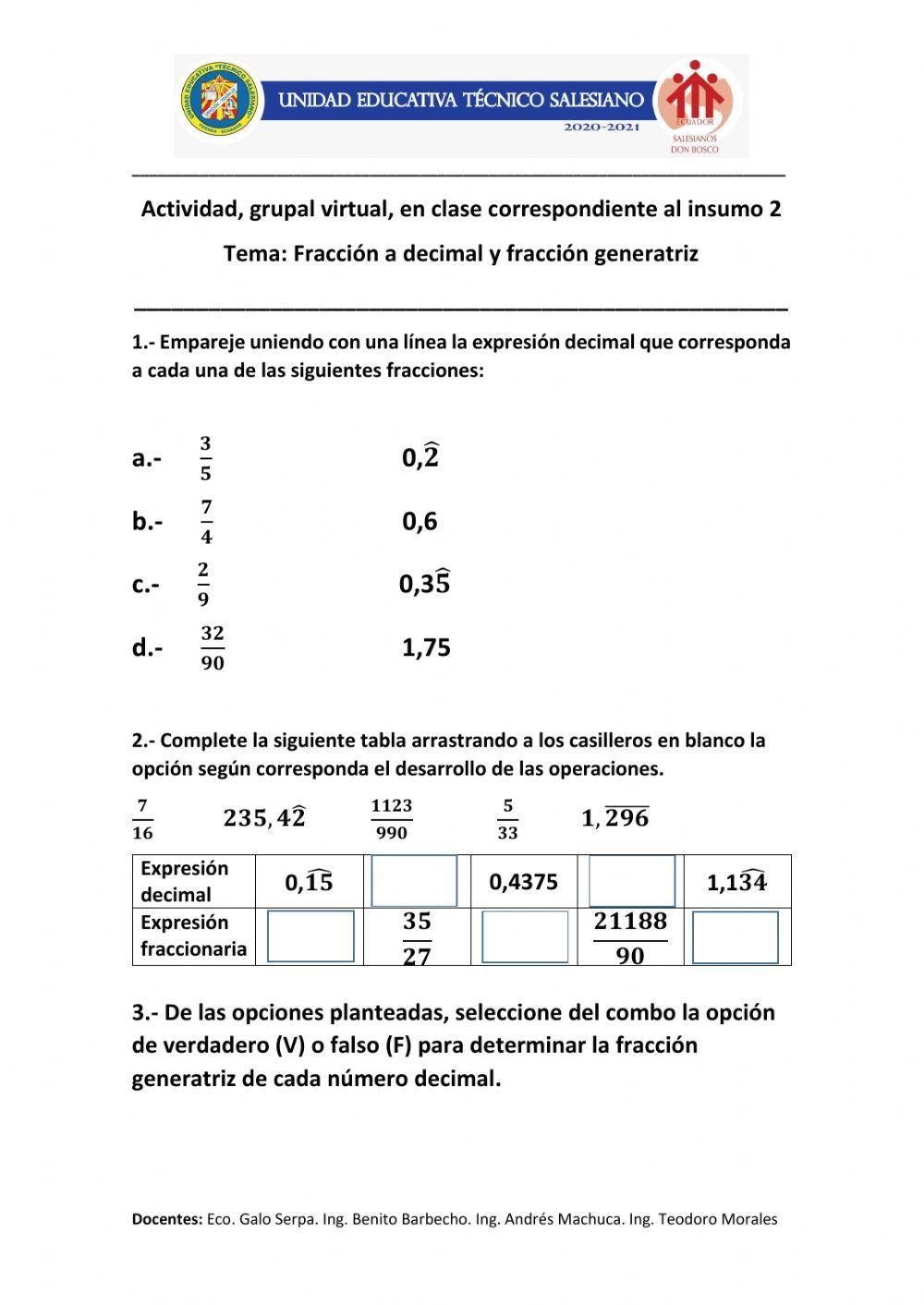 Fracción a decimal y Fracción generatriz
