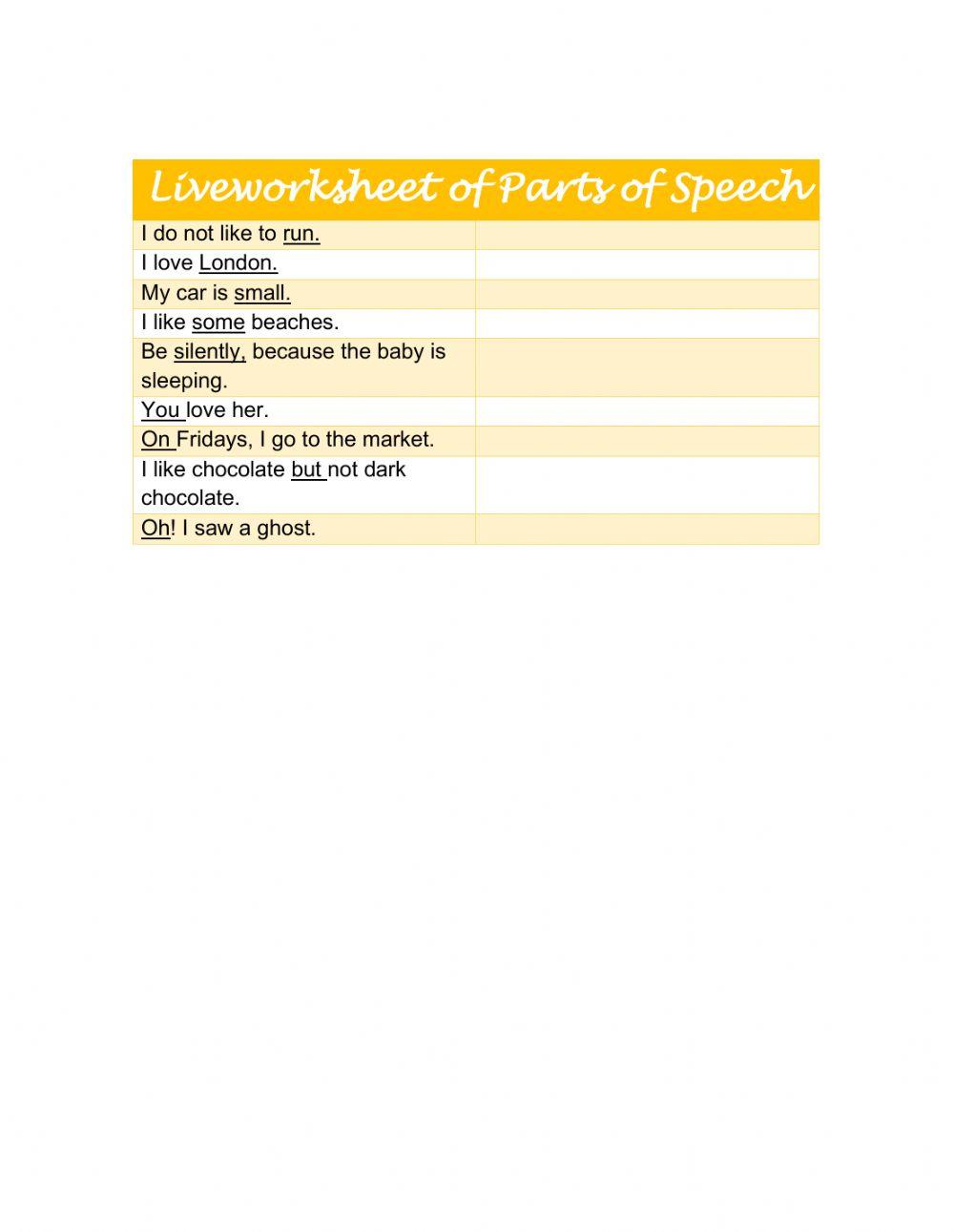 Liveworksheet of Parts of Speech
