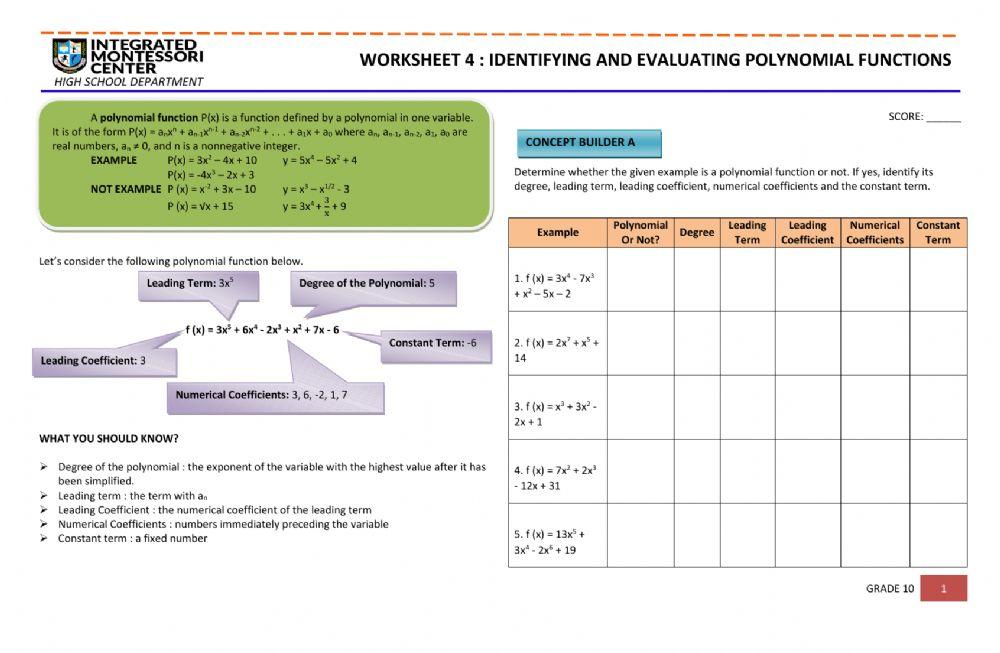 Worksheet 4 Identifying and Evaluating Polynomial