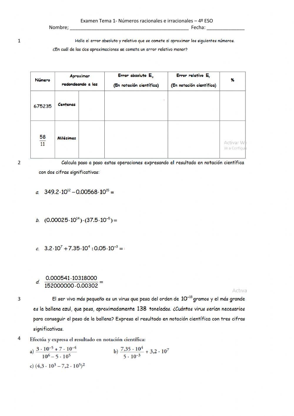 Tema 1.- Números racionales e irracionales 4º ESO