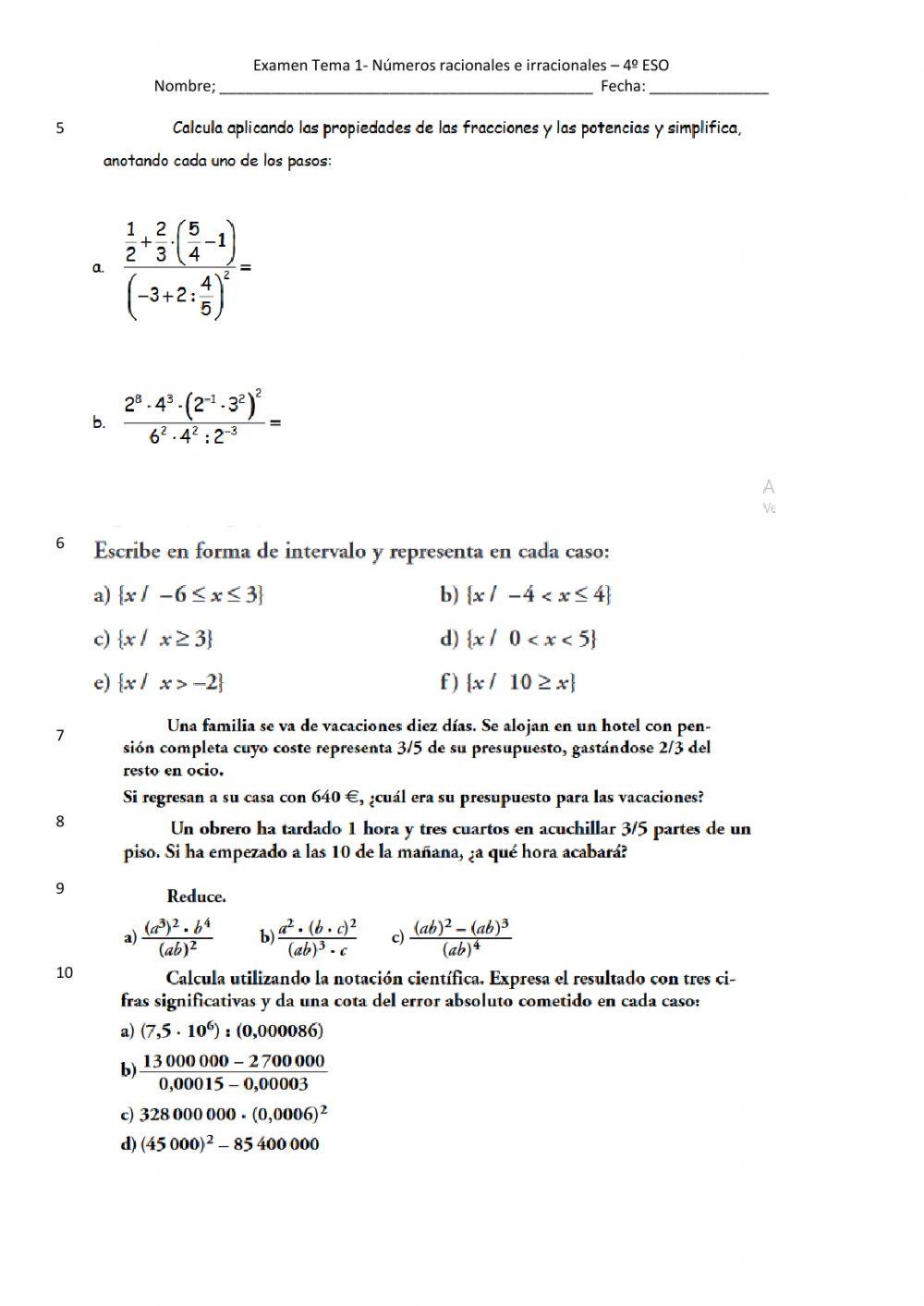 Tema 1.- Números racionales e irracionales 4º ESO