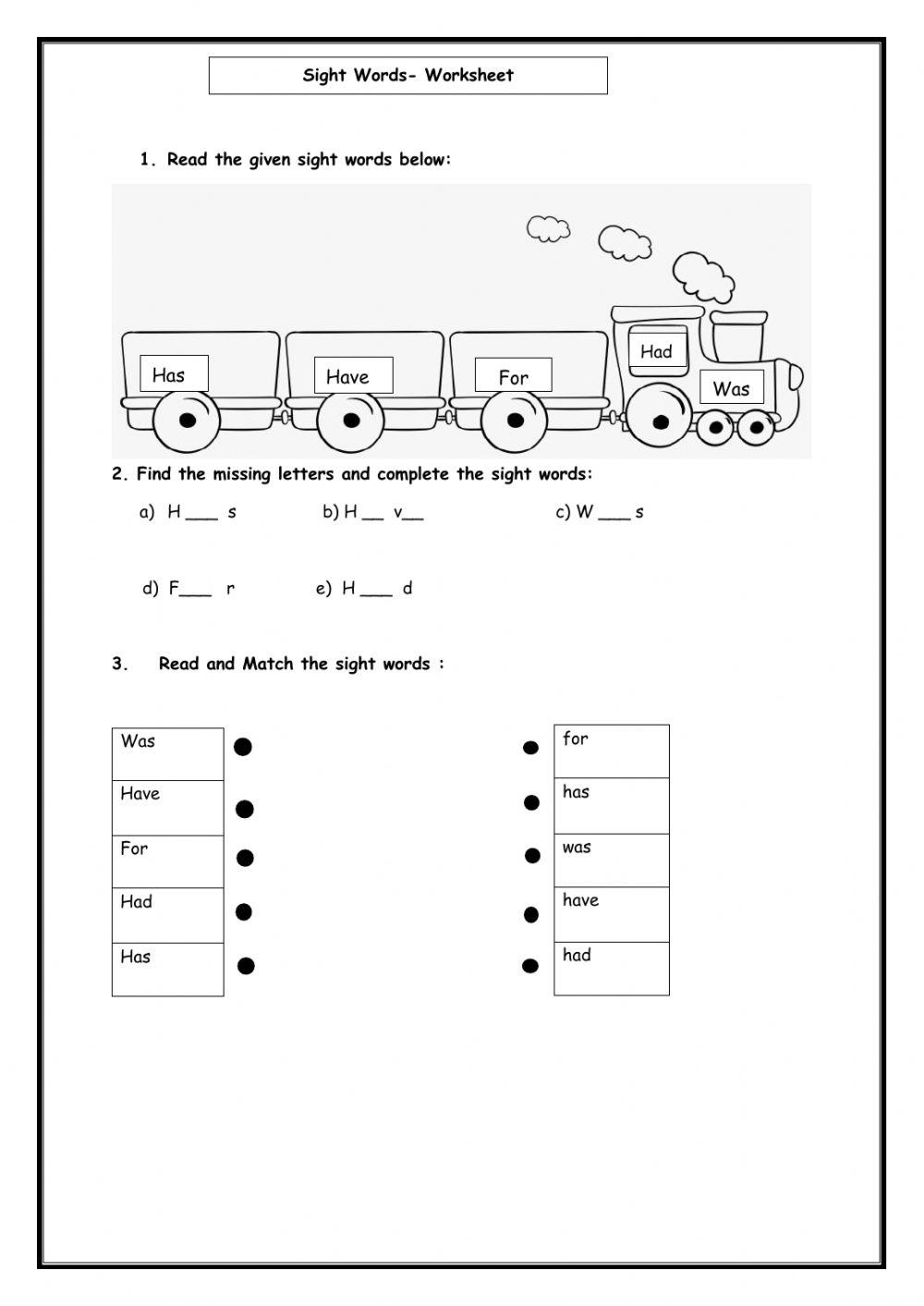 Sight Words online worksheet for Kindergarten Live Worksheets