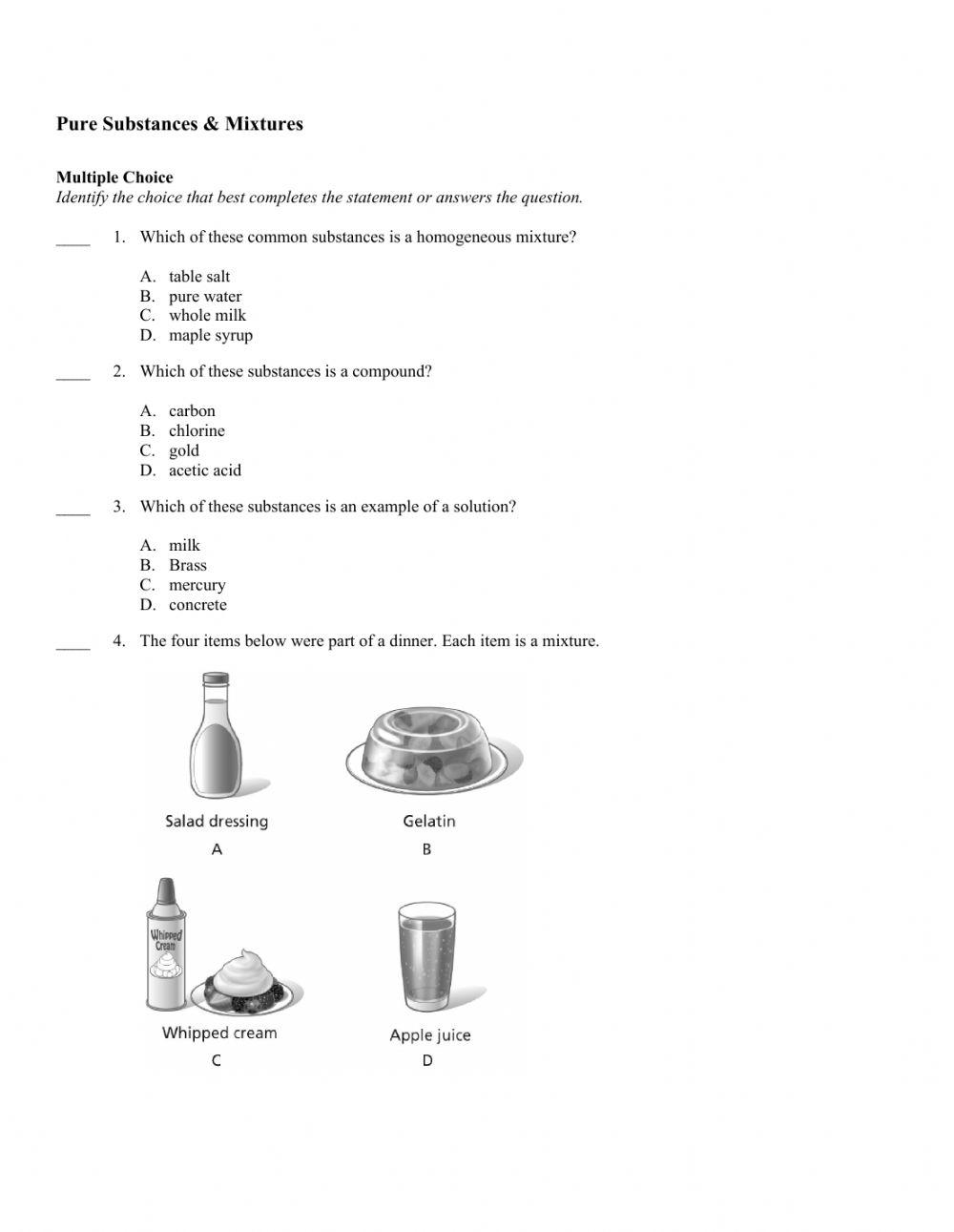 Pure Substances and Mixtures Part 2 interactive worksheet Live Worksheets