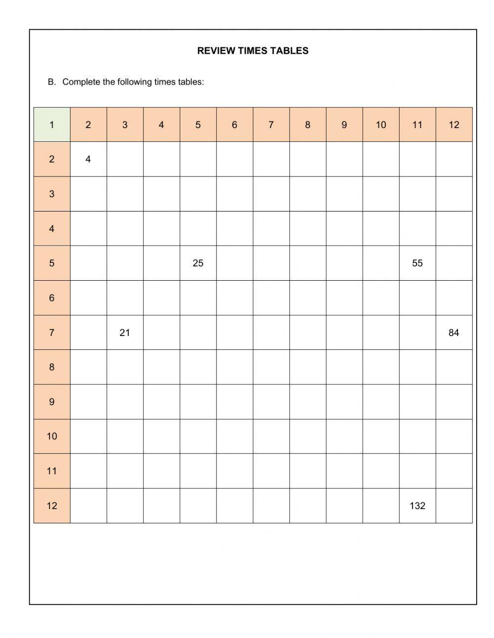 Worksheet- times tables and factor of 10