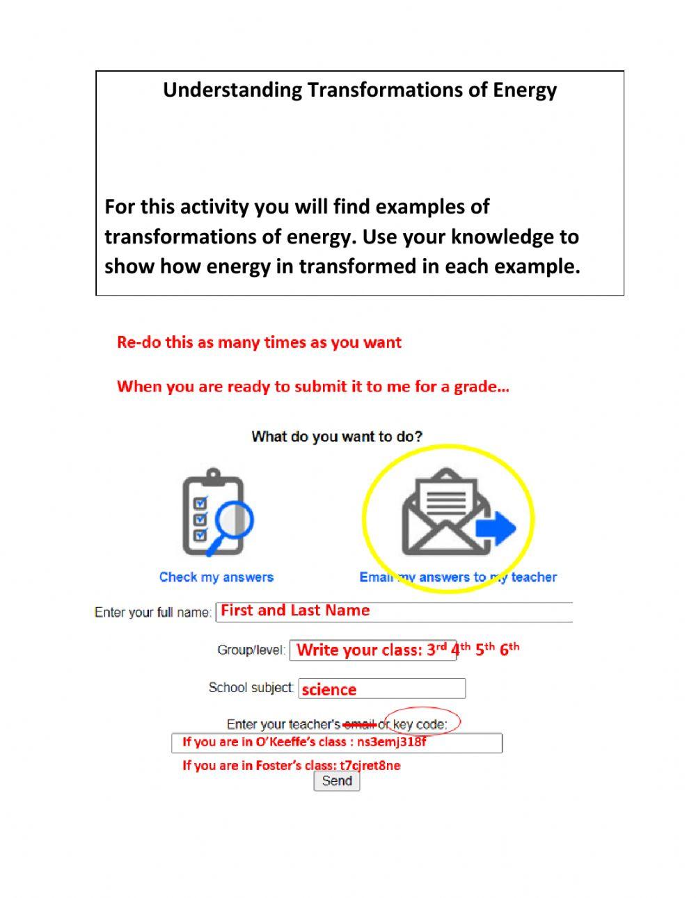 Energy Transformation Worksheet 6th Grade