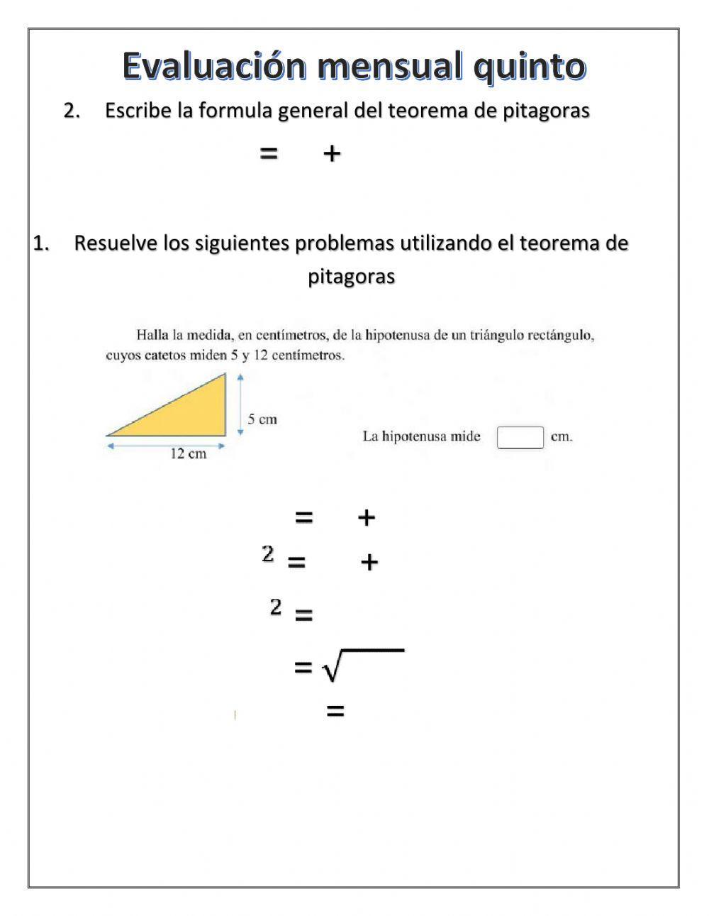 Evaluación mensual matematicas quinto