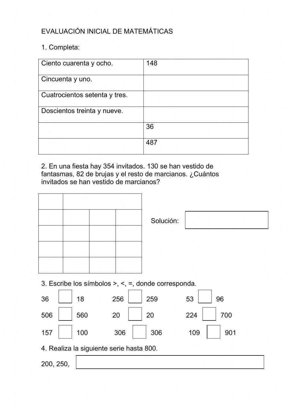 Evaluación inicial matemáticas