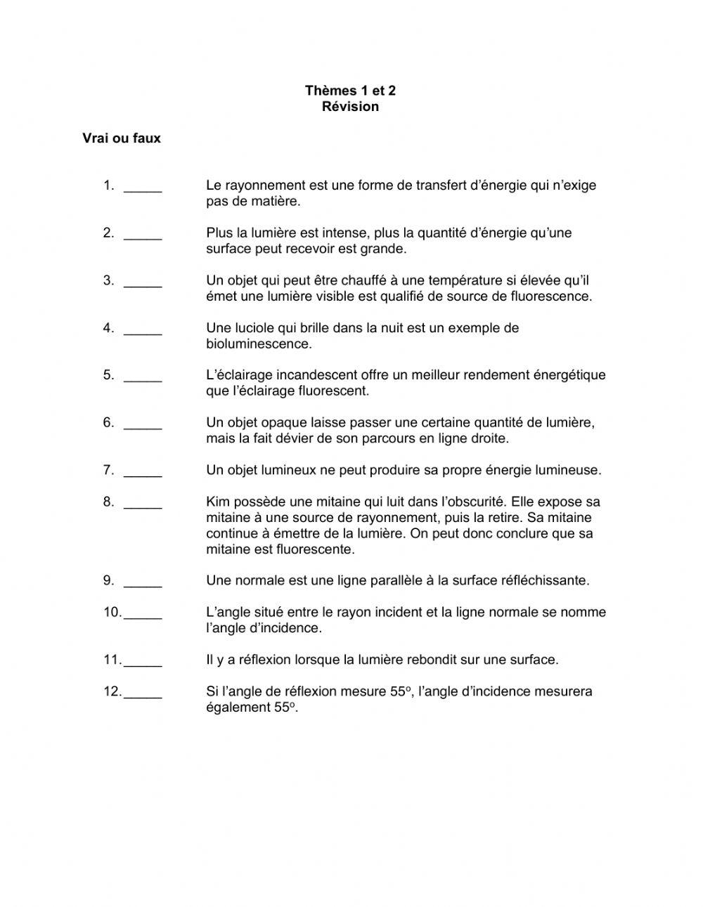 La révision des thèmes 1 et 2 (La lumière)