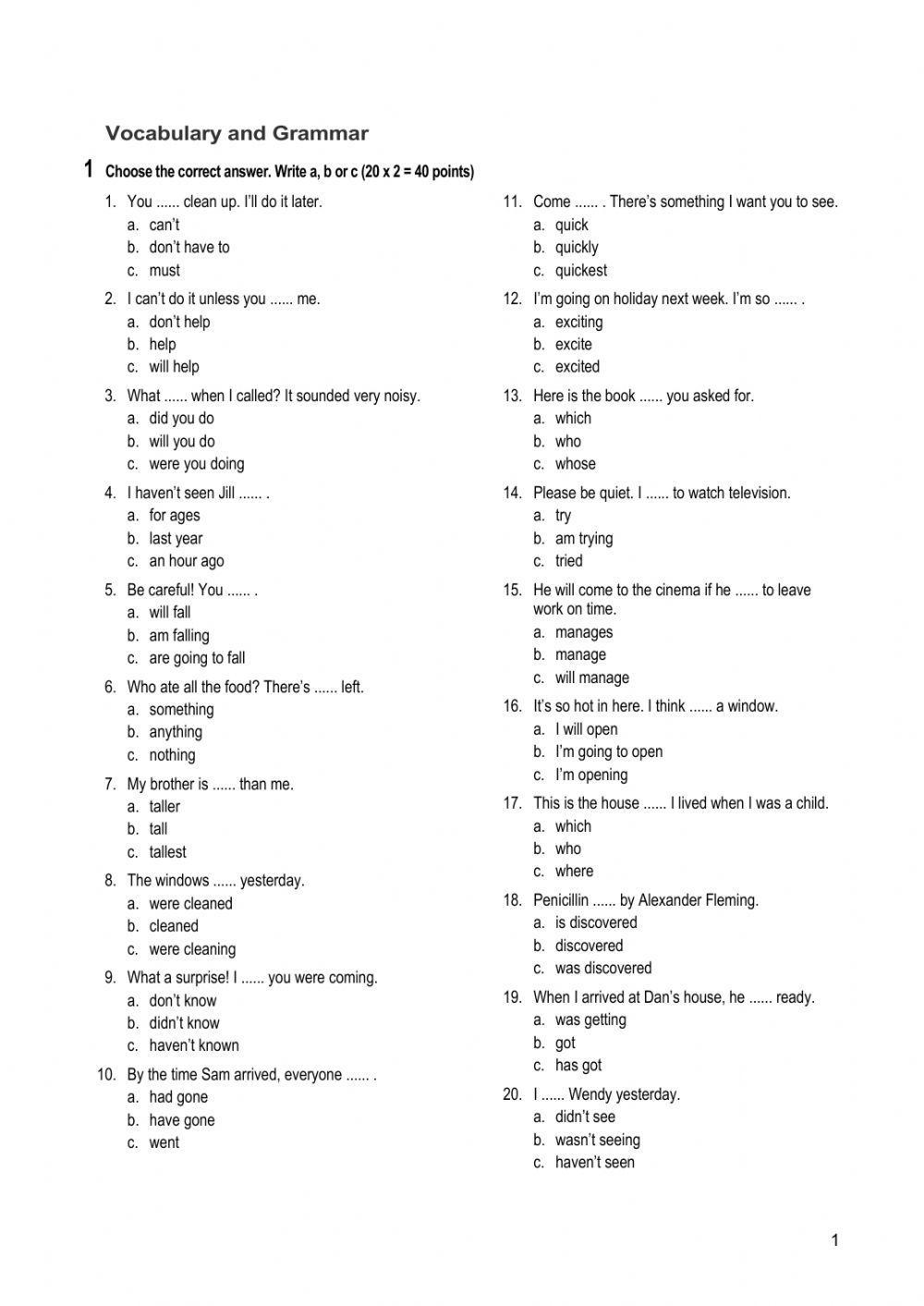 1º Bachillerato diagnostic test