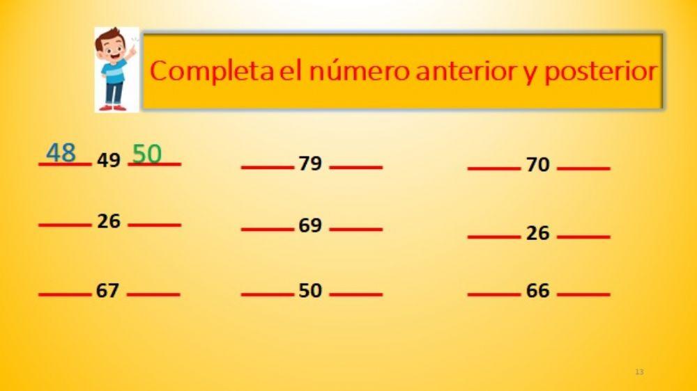 Practica de los números anterior y posterior