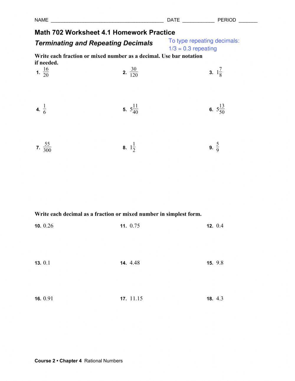 Repeating and Terminating Decimals