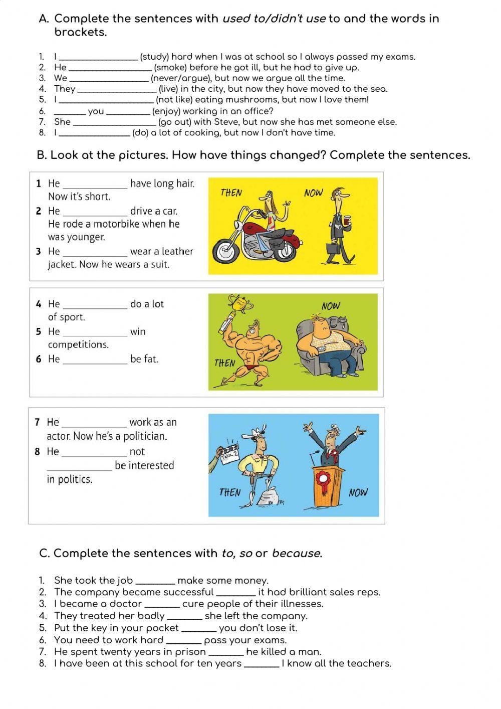 Used to- so, to, because